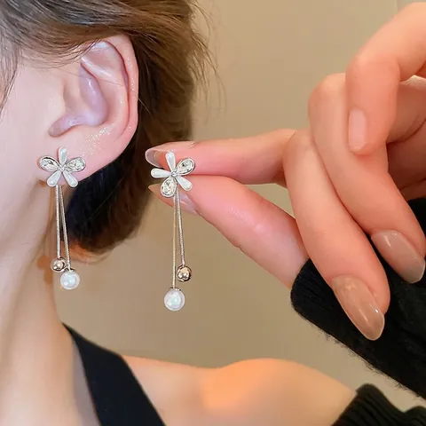 Orecchini A Fiore Con Nappe E Perno In Argento Sterling 925 Rame Strass Künstliche Perle Imitate Gioielli Eleganti Da Donna