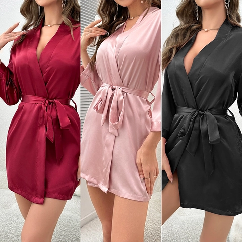 Women Satin Robe Imitation Satin Bathrobe V Neck Tie Waist Nightgown Sleepwear Loungewear For Bridal Party Home Spa