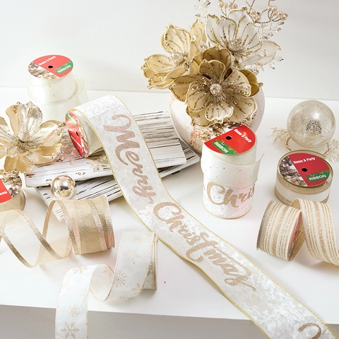 Christmas Decorative Ribbon Champagne Gold Velvet Satin Glitter Merry Christmas Pattern For Gift Wrapping Tree Decor Elegant