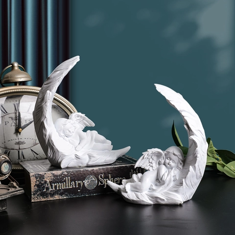 Resin Angel Figurine White Feather Wing Cherub Statue For Home Desktop Tabletop Office Decor European Retro Style Ornament