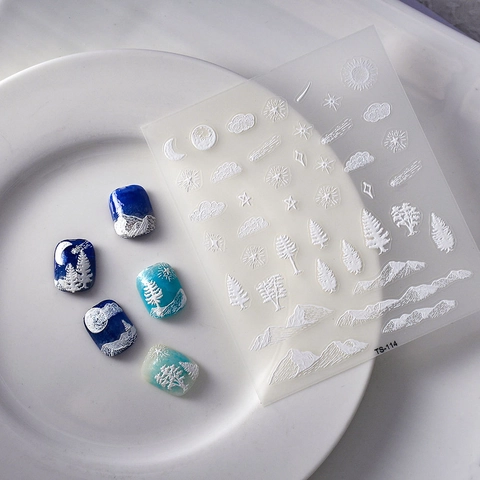 Pegatinas Para Uñas 5D Relieve Diseño Montaña Nevada Pino Estrella Luna Autoadhesivas Impermeables Decoración Mujeres