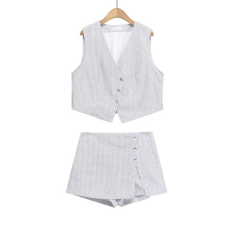 Women Striped V Neck Vest And Skort Button Down Sleeveless Polyester Pinstripe Casual Summer Streetwear