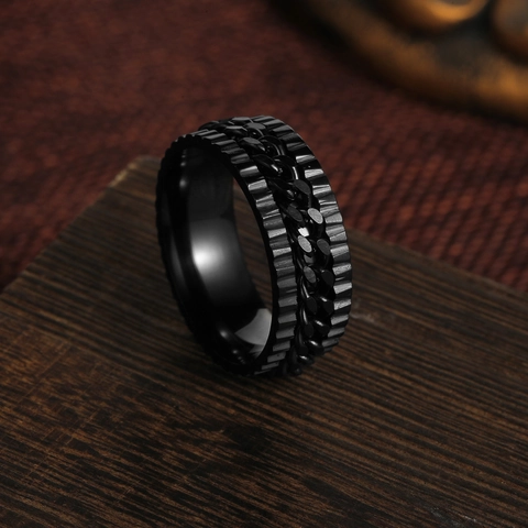 Punk 304 Stainless Steel Spinner Ring For Men Gear Edge Chain Inlaid Finger Ring Retro Industrial Style Decompression Jewelry
