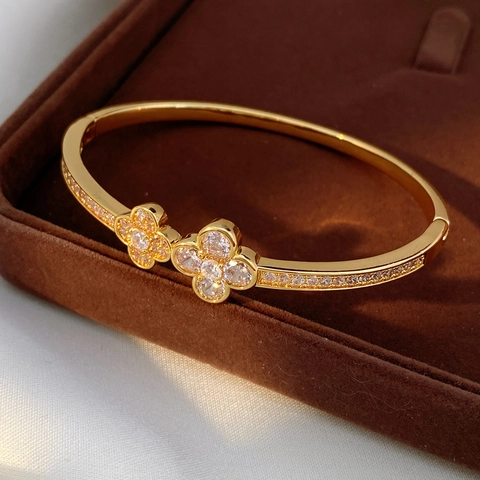 Bracelet Jonc Trèfle À Quatre Feuilles Pour Femmes Luxe Cuivre Avec Zircone Élégant Ajustable Bijoux