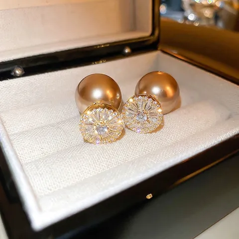 Pendientes De Botón De Doble Cara Perla Artificial Champaña Circonita Patrón Radial Para Mujer Con Poste De Plata De Ley 925