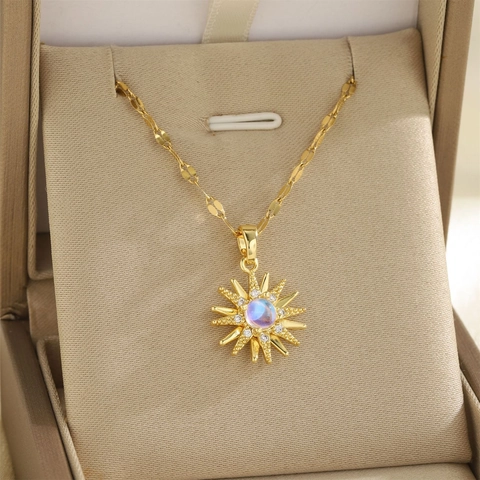 Sunburst Pendant Necklace Gold Plated Stainless Steel Synthetic Moonstone Zircon Dainty Lip Chain Jewelry For Women