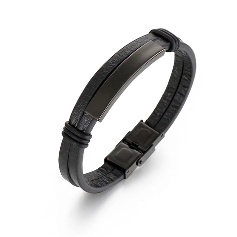 Men Double Layer Leather Bracelet With Stainless Steel Curved Plate Minimalist Casual Jewelry Accessory