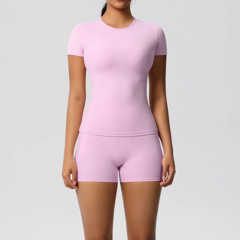 Women Brushed Yoga Workout Set Short Sleeve Top And High Waist Pocket Shorts Sportswear Fitness Running Activewear Suit