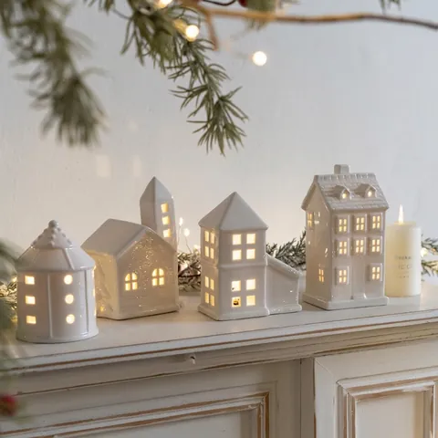 Nordic White Ceramic House LED Night Light Christmas Tabletop Ornament Hollow Glazed House Desktop Decoration Holiday Home Atmosphere Props