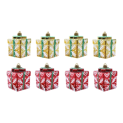 Decorazioni Natalizie da Appendere a Forma di Mini Scatola Regalo in Plastica Dipinta con Fiocchi di Neve Rosso Oro per Festa