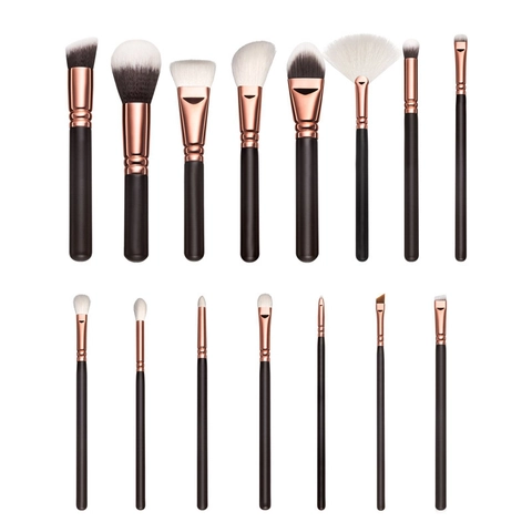 Pinceaux De Maquillage Professionnels Manche En Bois Fibre Synthétique Virole Or Rose Avec Sac De Rangement En PU