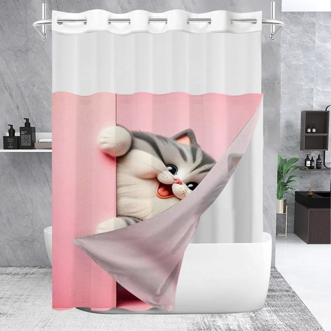 Tenda Da Doccia Gatto 3D Impermeabile Muffa Resistente Tessuto Poliestere Design Senza Ganci Bagno Fodera Rimovibile