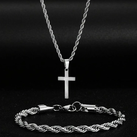Collana E Bracciale In Lega Catena A Fune Ciondolo A Croce Moda Minimalista Per Uomini Donne