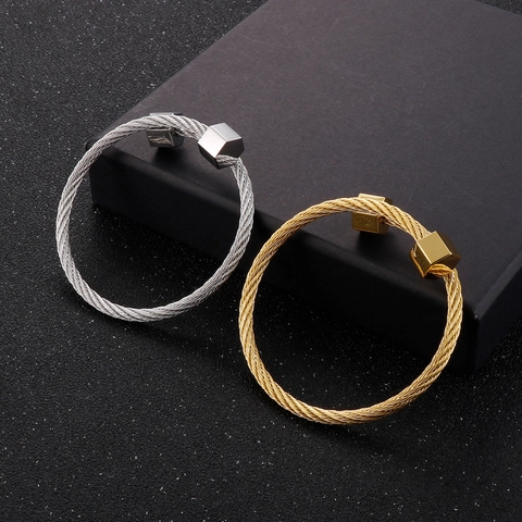 Pulsera De Cable De Acero Inoxidable Para Hombre Retro Industrial Brazalete Abierto Diseño Geométrico Hexagonal Joyería
