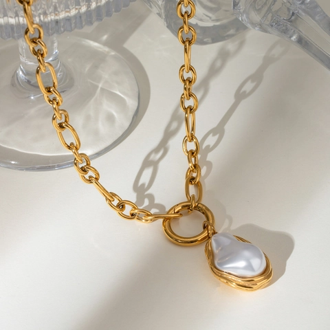 Collana Con Pendente Di Perla Artificial Barocca Vintage Acciaio Inossidabile Placcato Oro Catena A Graffetta Impermeabile Per Donna