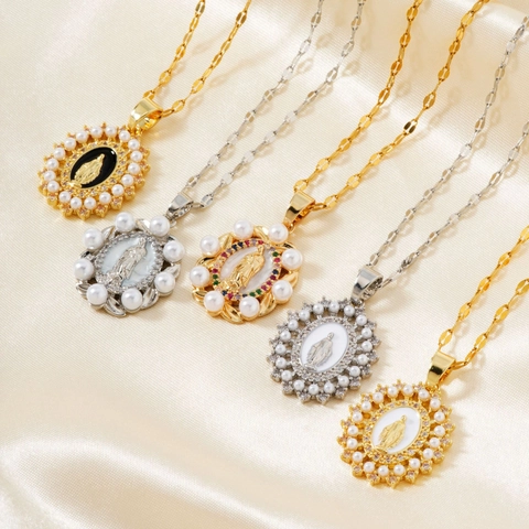 Collana Con Ciondolo Vergine Maria Rame Zircone Strass Perla Artificial Gioielli Religiosi Cattolici Cristiani Per Donna