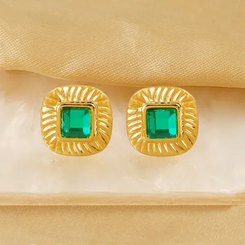 Vintage Square Stud Earrings With Green Glass Stone Stainless Steel 18K Gold Plated French Style Jewelry For Women