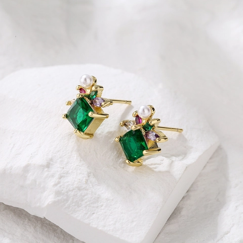 Geometric Stud Earrings With Multi Color Cubic Zirconia And Artificial Pearl Copper 18K Gold Plated Irregular For Women High End