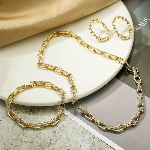 Necklace Bracelet Earrings Jewelry Copper Gold Plated Micro Inlaid Cubic Zirconia U-Shape Link Chain Vintage Minimalist Women