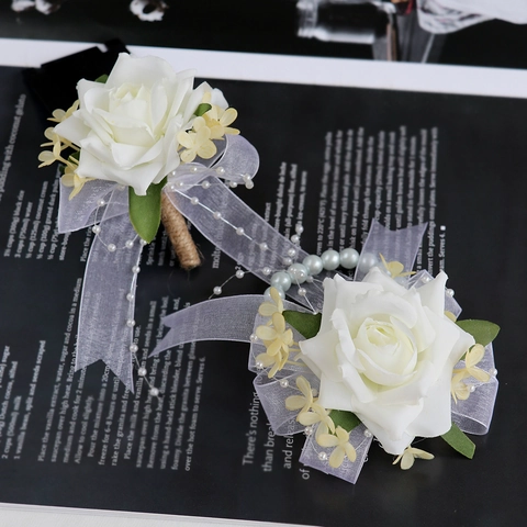 Handmade Satin Rose Wedding Boutonniere And Wrist Corsage With Faux Artificial Pearls Organza Ribbon Linen Rope Elegant Floral Accessories