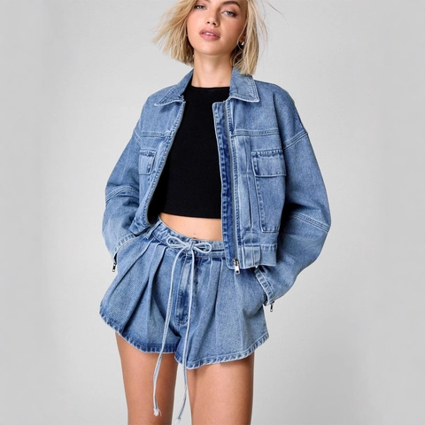 Veste Courte En Denim Pour Femmes Et Short Taille Haute Streetwear Délavé Style Workwear Décontracté Bleu Mode Outfit