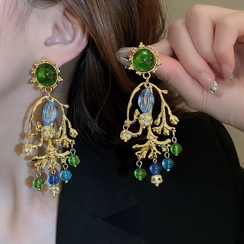Vintage Alloy Branch Drop Earrings With Resin Rhinestone And Silver Earring Post French Court Style Elegant Jewelry