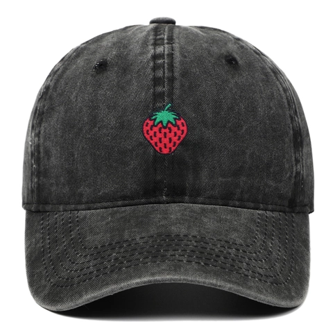 Strawberry Embroidery Washed Cotton Baseball Cap Adjustable Outdoor Leisure Vintage Sun Protection Hat