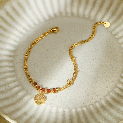 Pulsera de Doble Capa de Acero Inoxidable con Colgante de Corazón para Mujer Chapada en Oro Piedra Natural Strass Joyería