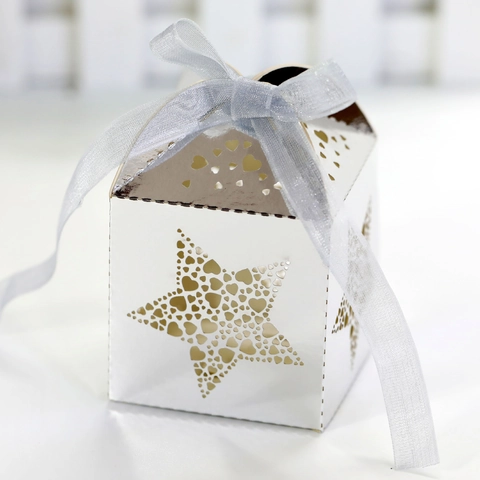 Hohl Laser Geschnitten Stern Geschenkboxen Metallisches Perlpapier Süßigkeitenbeutel Mit Band Für Hochzeitsfeier