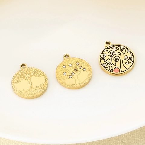Tree Of Life Charms Stainless Steel Gold Plated Round Pendants With Zircon And Heart Accents For DIY Jewelry Making Crafts