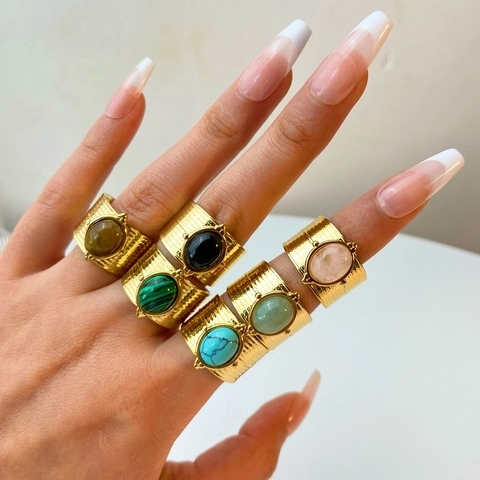 Französisch Vintage 18K Vergoldet Edelstahl Naturstein Eingelegt Verstellbar Breit Band Offener Ring Ästhetischer Schmuck Für Damen