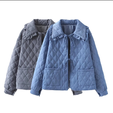 Women Quilted Jacket Polyester Cotton Diamond Lattice Ruffle Collar Tie Front Lightweight Padded Casual Retro Outwear