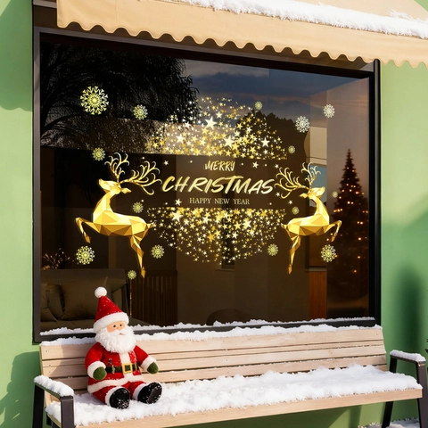 Christmas Window Cling Gold Reindeer Static Sticker PVC No Glue Double Sided Glass Door Showcase Holiday Decoration