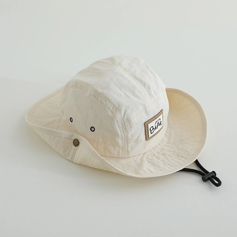 Kids Bucket Hat Quick Dry Sun Protection Outdoor Beach Sunhat With Adjustable Wind Strap Cartoon Bear Patch For Boys Girls