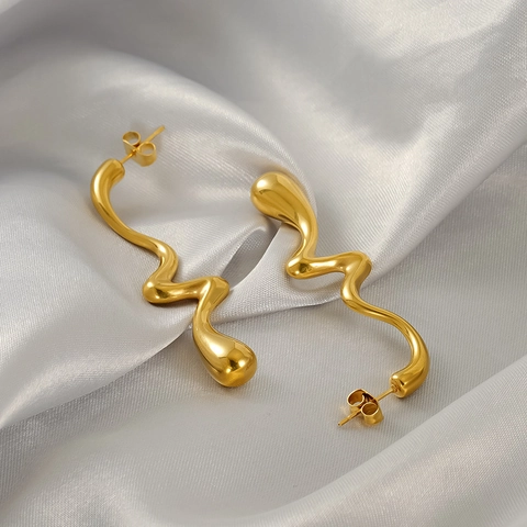 Twisted Line Stud Earrings Stainless Steel Gold Plated Irregular Fluid Wavy Minimalist Modern Jewelry For Women