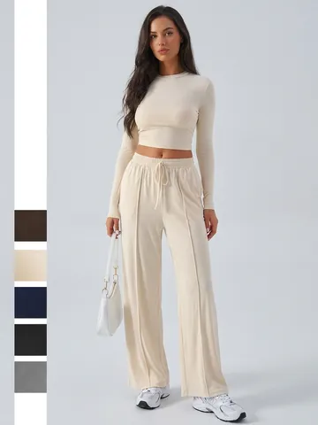 Damen Viskose Slim Langarm Crop Top Und Weitem Bein Hose Mit Kordelzug Freizeit Yoga Sport Lounge
