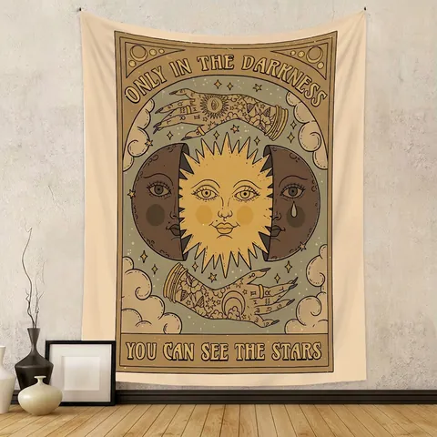 Cat Tarot Tapestry Polyester Wall Hanging Aesthetic Bohemian Room Decor Mystic Celestial Moon Star Sun Art