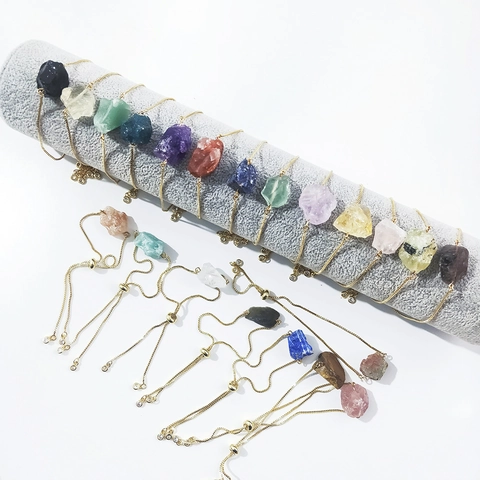 Verstellbares Armband Aus Naturkristallstein Unregelmäßiger Edelstein Goldene Boxkette Schiebeverschluss Damenschmuck