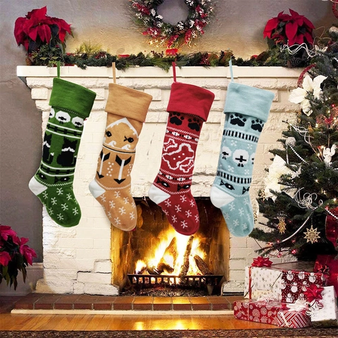 Christmas Stockings Knitted Pet Pattern Paw Bone Fish Fireplace Hanging Gift Bags Xmas Holiday Decor