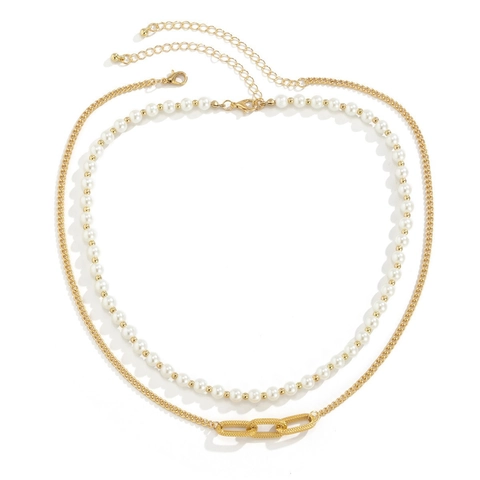 Layered Necklace Men Women Alloy Twist Chain With Imitation Artificial Pearl Beads Geometric Buckle Jewelry