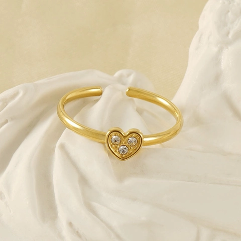 Stainless Steel Heart Adjustable Ring 18K Gold Plated With Cubic Zirconia For Women Minimalist Fashion Jewelry