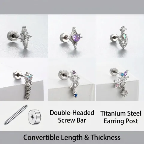 Titanium Steel Cartilage Stud Earrings With Colorful Zirconia Butterfly Star Heart Helix Piercing Jewelry For Women