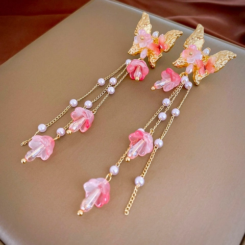 Butterfly Flower Long Tassel Earrings With Imitation Artificial Pearl Crystal And Silver Earring Post Elegant Jewelry