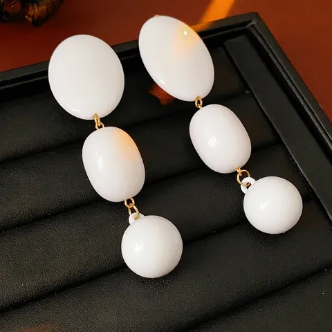 Vintage Geometric Drop Earrings With Silver Earring Post White Acrylic Three Tier Dangle Exaggerated Fashion For Women