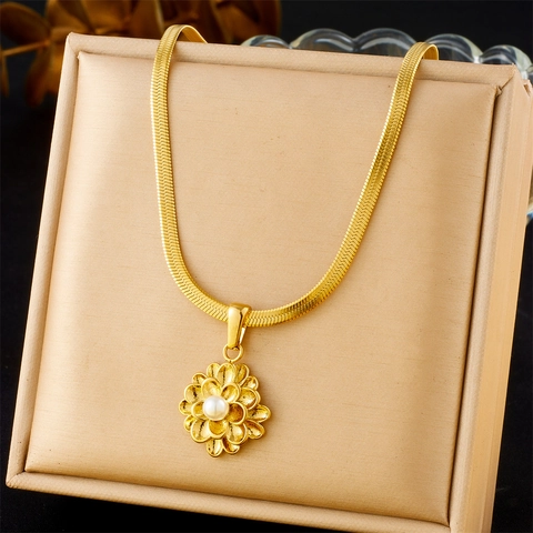 Collar Con Colgante De Flor De Loto 3D De Acero Inoxidable Chapado En Oro Con Perla Artificial Imitación Cadena De Serpiente Plana Joyería