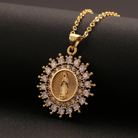 Virgin Mary Pendant Necklace Copper 18K Gold Plated Cubic Zirconia Religious Fashion Jewelry For Women