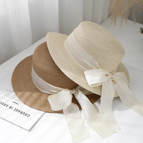 Cappello Di Paglia Boater Retrò Donna Tetto Piatto Sole Nastro Fiocco Strass Elegante Estate Spiaggia Vacanze UV