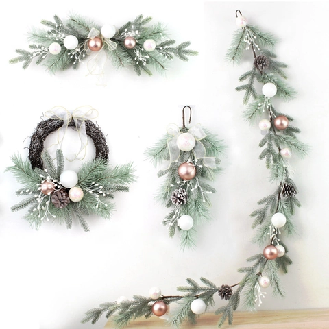 Christmas Wreath Garland Swag Frosted Pine Needle Champagne Gold Ball Ornaments Pine Cone For Front Door Home Party Decor
