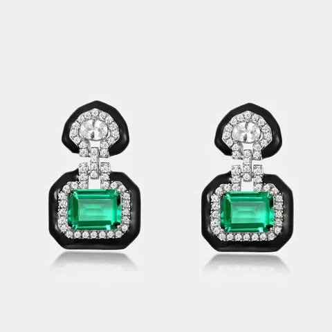 Boucles D'oreilles Émeraude De Laboratoire Vintage Argent Sterling 925 Avec Émail Noir Et Zirconium Style Art Déco