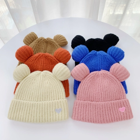 Bear Ears Knit Beanie Hat With Heart Patch Cute Warm Winter Skull Cap For Women Kids